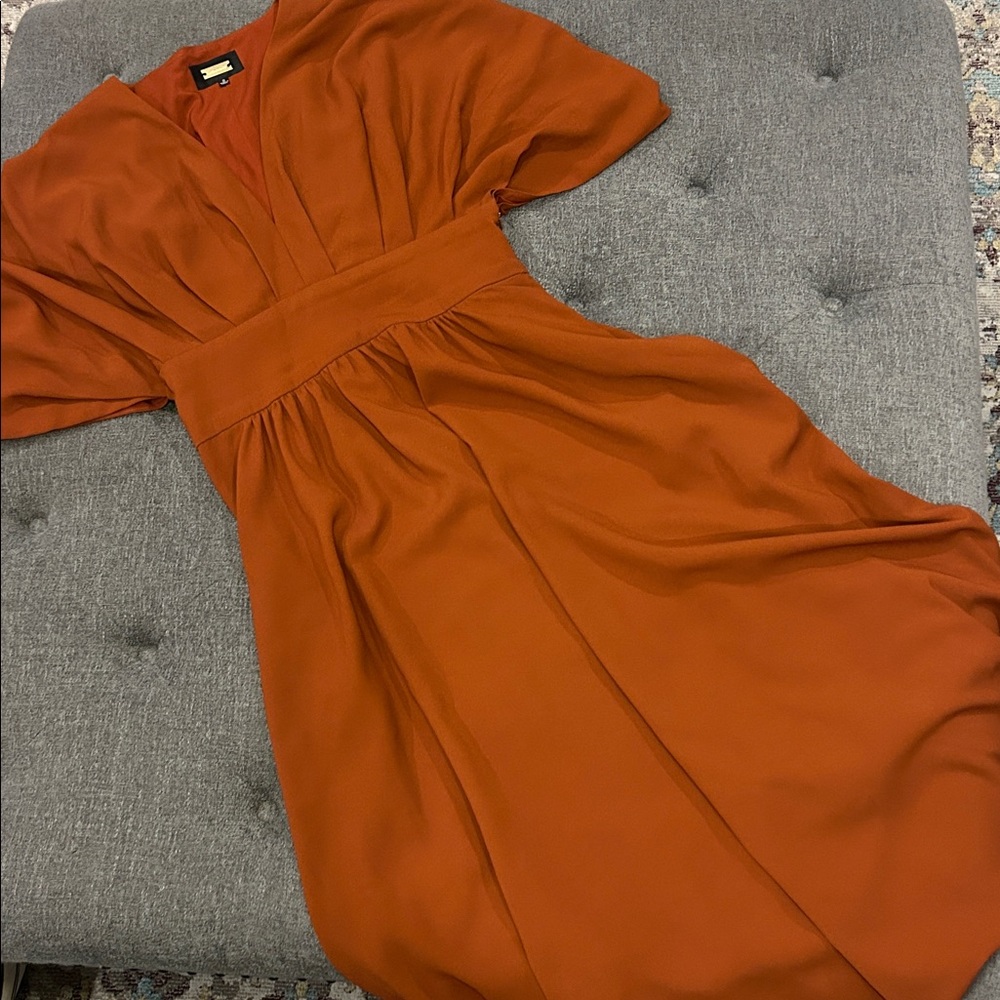 Alexia Admor Terracotta Orange V Neck High Waist Dress w/Pockets - Picture 4 of 5